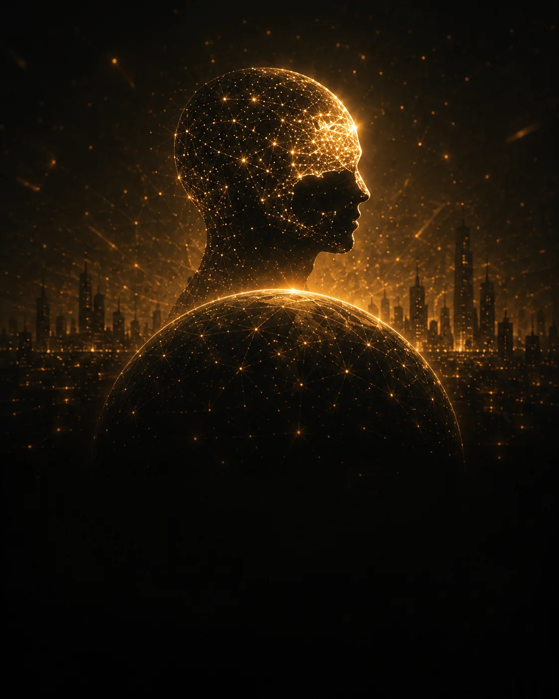 A wireframe human profile glowing over a connected globe