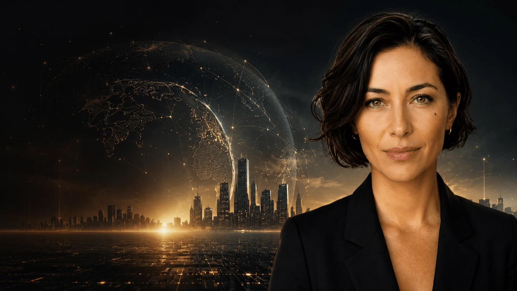 Vera, the AI presenter of VeraFlux — dark bob, black blazer — in front of a glowing globe and night skyline